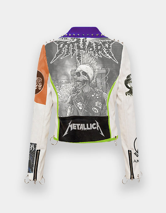 White Leather Women Fashion, Lemmy Misfit Gothic Patchwork, Biker Outfit Waist Belted, Jacket For Women, Brando Vampira Jacket,